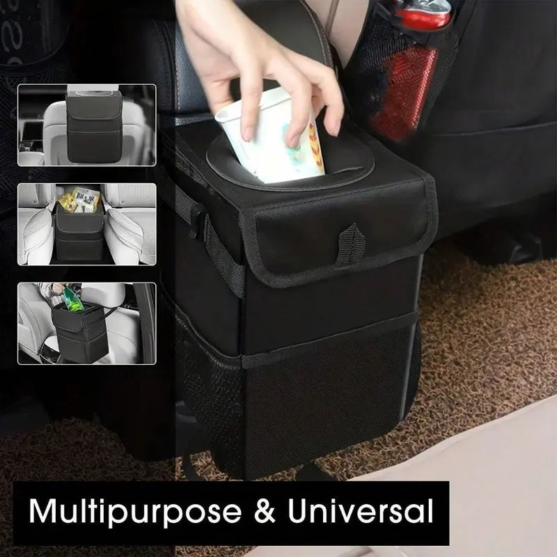 Car Trash Can with Lid, Multipurpose Car Trash Can, Multifunctional Organizer with Storage Pockets for Vehicle Cleanliness and Organization, Auto, Interior, Holder 3
