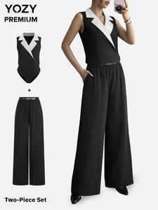 YOZY Women's Colorblock Lapel Neck Tank Bodysuit & Plain Suit Pants Two-Piece Set, Casual Comfy Two-Piece Outfits for Daily Wear, Ladies Clothes for Spring