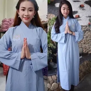 Đồ Lam đi chùa, Áo Tràng Phật Tử Đi Chùa, Áo Đi Lễ Trang Nghiêm Tay Dài Kín Đáo Vải Silk N.A STORE - Áo Tràng Nữ Top Khuy Nâu Women 2