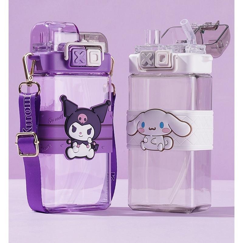 Product Introduction of Carefree mall Sanrio 580ml Cute Kuromi Double Drink Straw Travel Cup Kids Cartoon Water Bottle With Strap 44