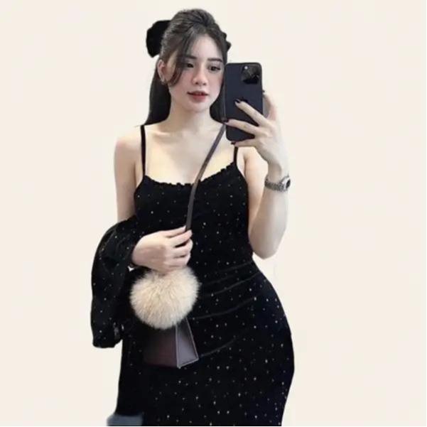 [HH03]Set Váy Nhung Đính Đá - Váy 2 Dây + Áo Khoác Tay Dài - Chất Liệu Nhung Thời Trang - Hà Huế Shop Nữ Women mặc đi tiệc