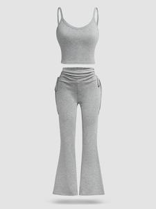 Two-Piece Set Women's Solid Crop Cami Top & Drawstring Waist Flare Leg Pants Set, Casual Sleeveless Spaghetti Strap Top & High Waist Bell Bottom Trousers for Daily Wear, Ladies Summer Clothes, Co-ord Set