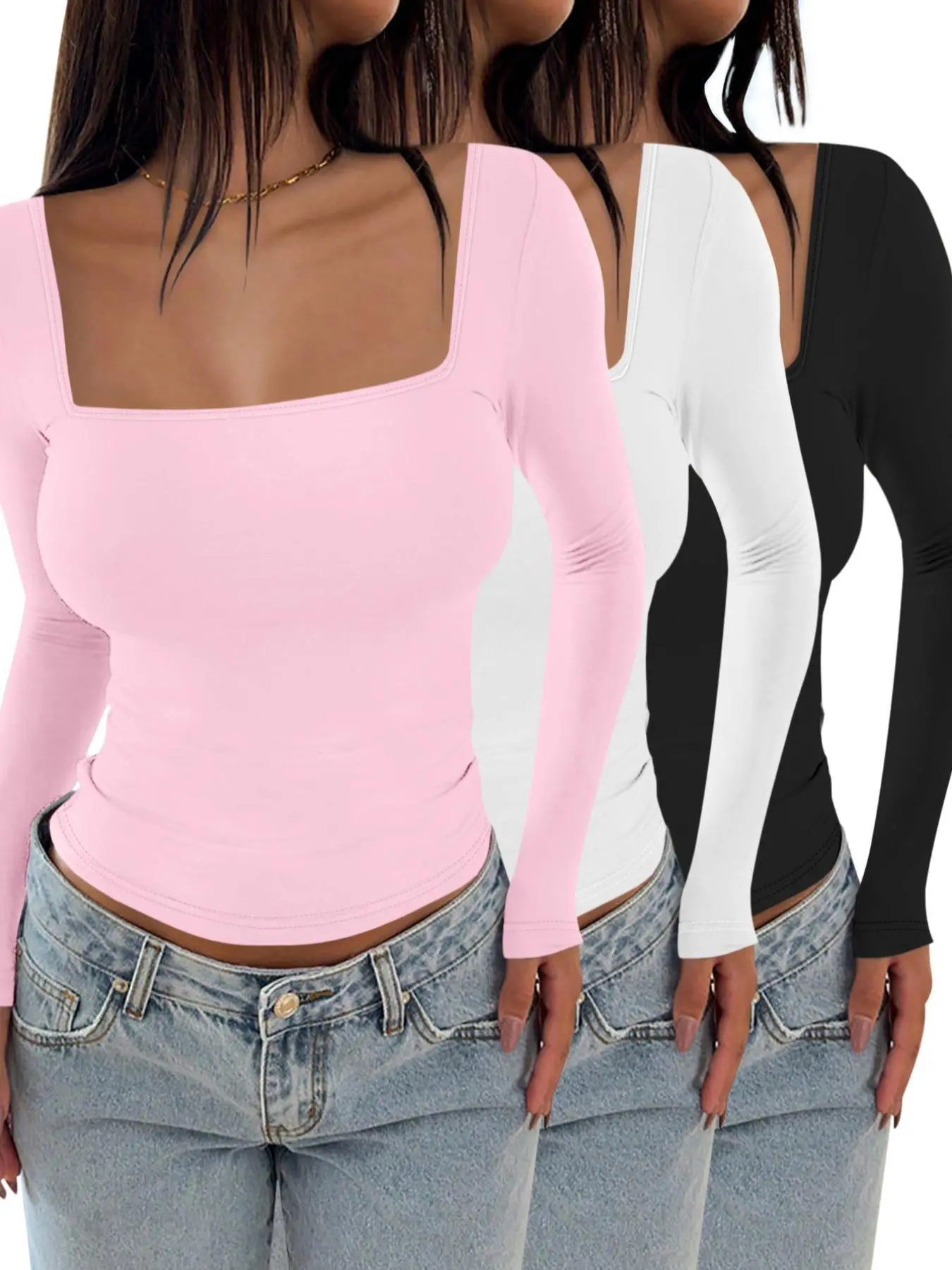 Women's Solid Square Neck Long Sleeve Tee, Casual Basic Ruched T-shirt for Fall & Winter, Women's Top for Daily Wear