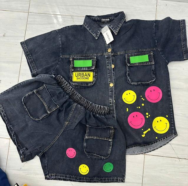 Product Introduction of Sét jeans đùi túi hộp hai bên in túi áo mặt cười  quần đùi tay ngắn Nữ Women Top Pants 2