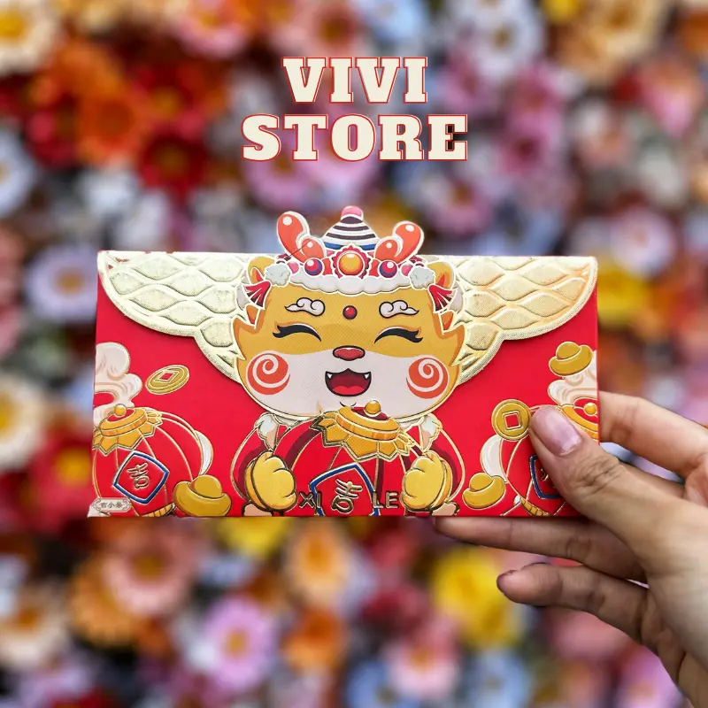 Set Lì Xì Rồng ngang 2024, ánh nhũ vàng, Mẫu Rồng Năm Mới Giáp Thìn, chất liệu giấy tổng hợp cao cấp - ViviStore 4