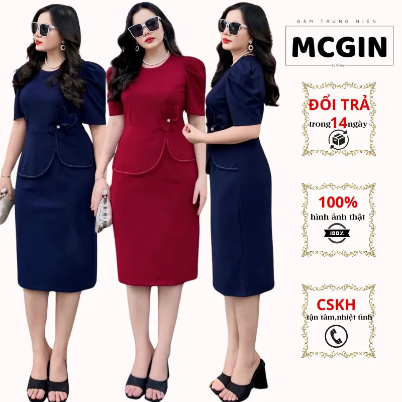 [CG020] Đầm peplum Orchid CG-020 Đầm Thiết Kế Bigsize Trung Niên MCGIN, SANG TRỌNG THANH LỊCH, ĐẦM TẶNG MẸ CG020 Cotton Thun Dress Nữ Women Cổ Tròn Voan Sen vay  mactet