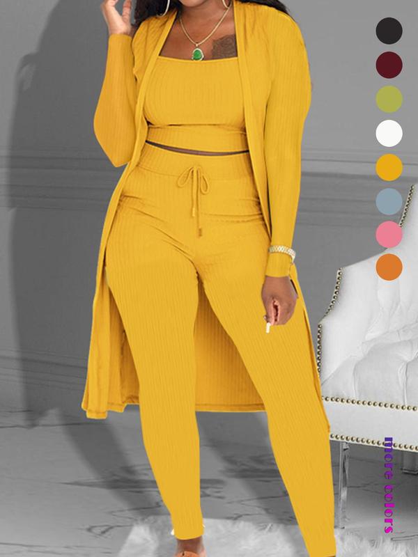 Women's Plain Long Sleeve Open Front Cardigan & Tie Front Leggings & Sleeveless Cropped Top Set, Casual Chic Elegant Fashion Cozy Breathable Women's Lounge Outfits for Fall, Ladies Fall Co-ord Sets, Womenswear 5