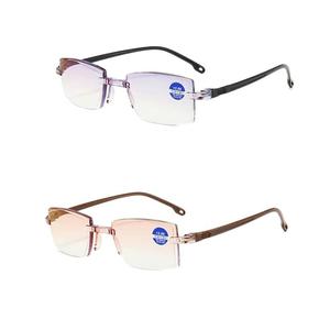 แว่นตาอ่านหนังสือไร้ขอบ มาใหม่ 2 คู่ สำหรับผู้ชายและผู้หญิง ป้องกันแสงสีฟ้า Bifocal การขยายระยะไกลและใกล้ แว่นตาป้องกันแสงจ้าของ Presbyopic มีให้เลือก +150 และ +200