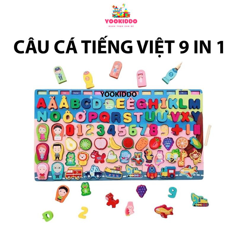  Đồ chơi phát triển trí tuệ bằng gỗ 9 trong 1 Bảng học chữ số đếm ghép hình học động vật câu cá cho bé - YOOKIDDO 