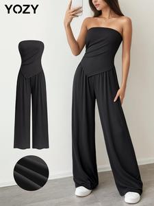 YOZY Women's Solid Ruched Tube Jumpsuit, Casual Comfy Backless Strapless Jumpsuit for Daily Wear, Ladies Clothes for All Seasons