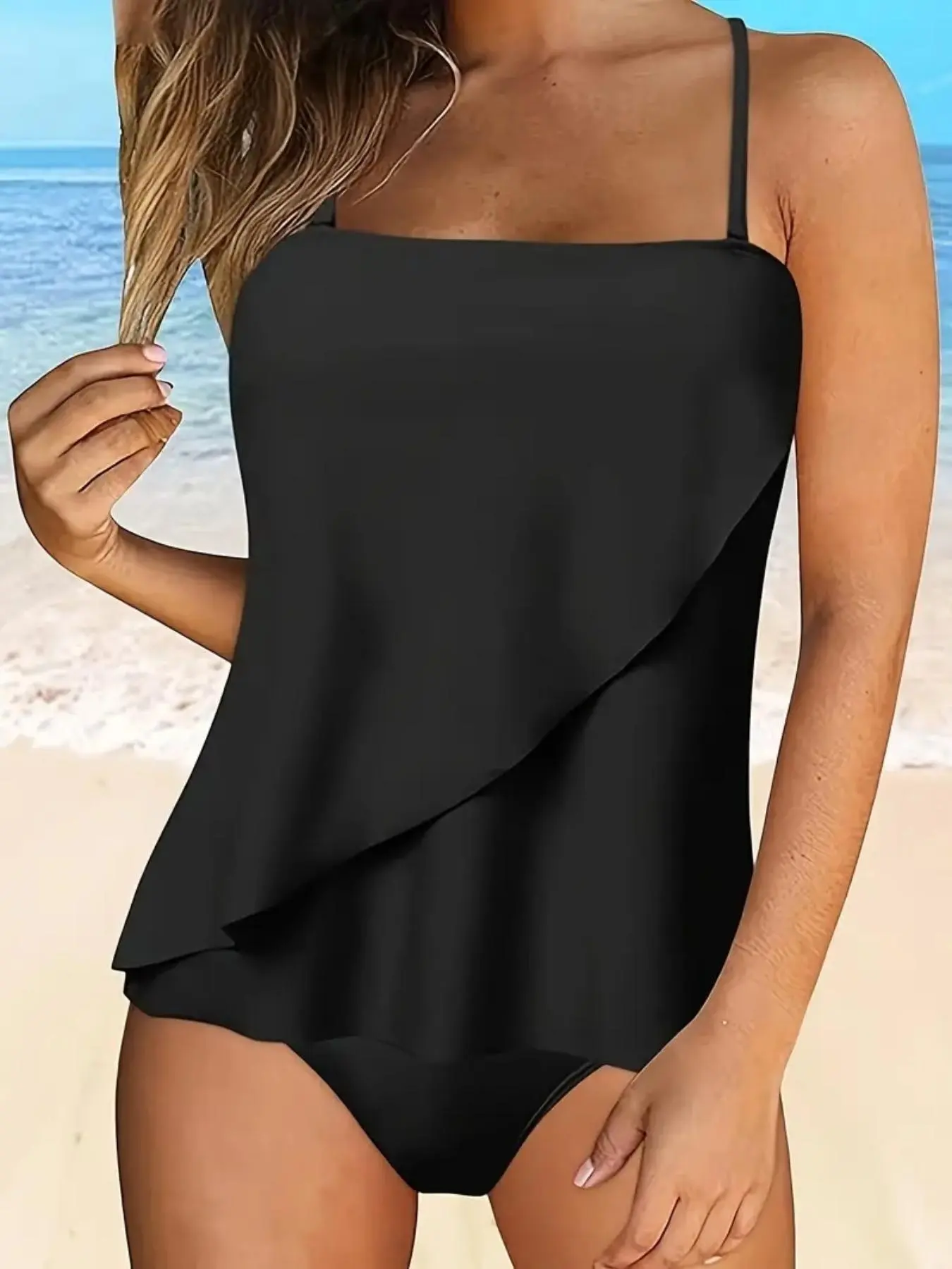 Women's Solid Color Tankini Set, Casual Fashion Two-piece Swimsuit for Beach Holiday Vacation, Ladies Swimwear for All Seasons