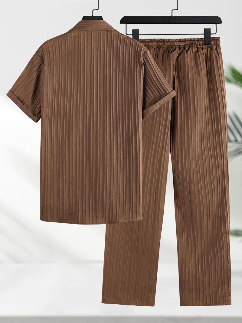 Product Introduction of Two-piece Set Men's Solid Textured Button Front Shirt & Drawstring Waist Pants, Loose Casual Short Sleeve Collared Top & Pocket Trousers for Beach Vacation, Men's Two-piece Outfits for All Seasons 16