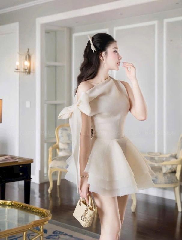 Product Introduction of Đâm dự tiệc lệch vai cột nơ xòe tâng, tiểu thư xinh xắn - có sỉ 7