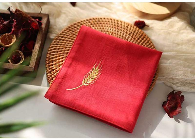 Product Introduction of New Pure Cotton Ancient Style Handkerchief for Men and Women Couples Double Layer Sweat Towel Embroidered Wheat Spike Gift with Embroidered Words 13
