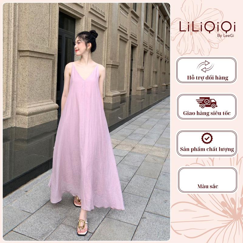 Đầm maxi 2 dây dáng xòe LeeGi Design váy dài chất liệu tơ nhăn mềm mại thoải mái màu hồng, màu trắng dành cho nữ - DD755 Women Dress