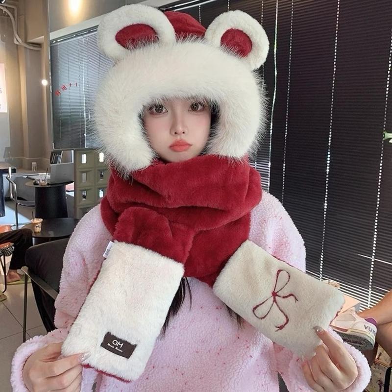 Bộ Mũ len nữ, găng tay khăn quàng cổ ấm áp tai thỏ dễ thương mùa đông - Hat Phụ Kiện