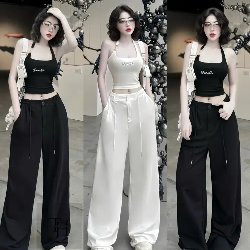 Sét áo yếm crtop tag quần xuông cạp chun hách dáng ( quần dài 105cm ) THUHOANG4994 - Nữ - Women