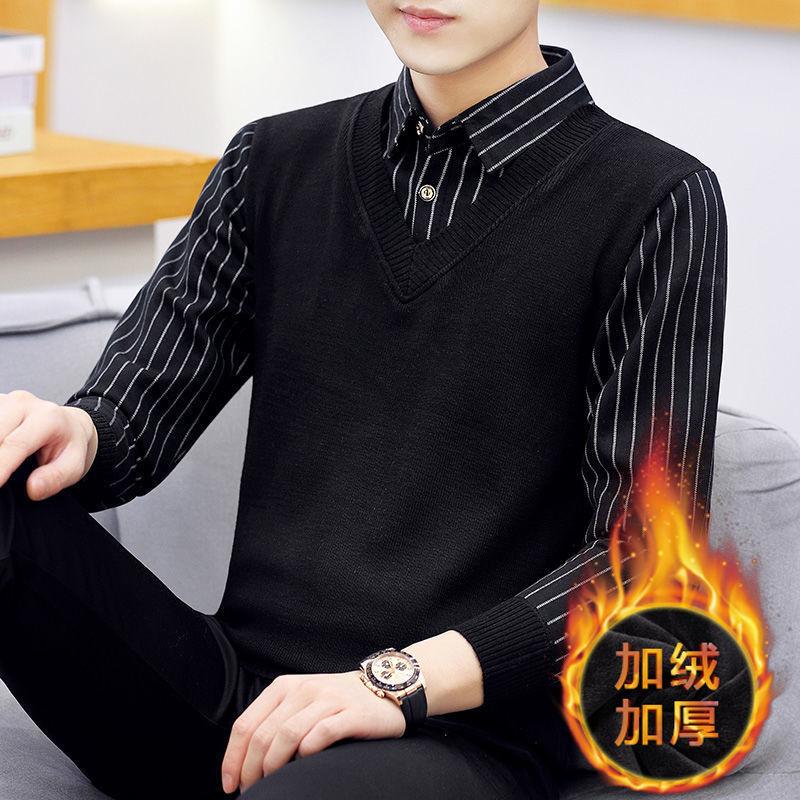 Not Fleece-lined/Fleece-lined Autumn and Winter Men's Youth Top Sweater Warm Thickened Sweater Fake Two Pieces Shirts Men 1