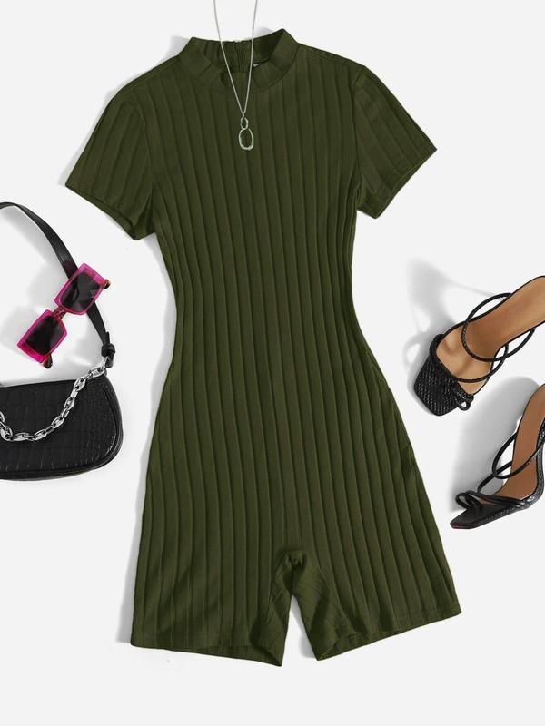 Summer Clothes Women's Plain Zipper Back Mock Neck Romper, Mean Girls Outfit, Minimalist Casual Short Sleeve Ribbed Romper for Summer, Womenswear, Lady Clothes for Daily Wear, Summer Clothes 4