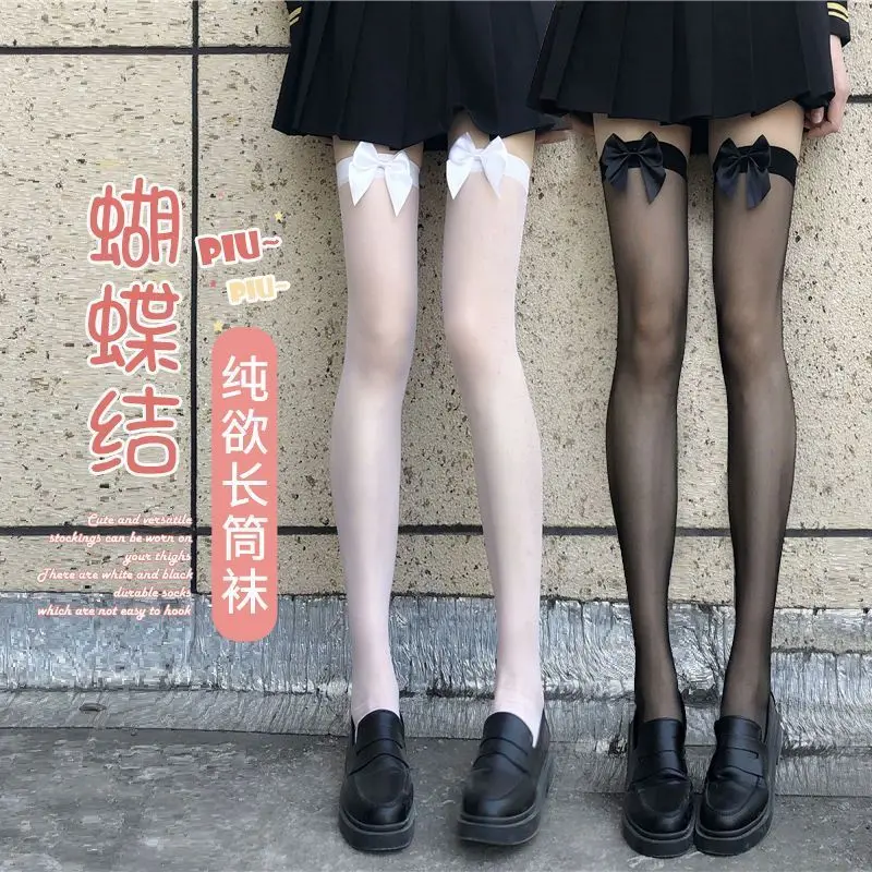 Tất Dài Ống Màu Đen, Tất Dài Quá Đầu Gối Có Nơ Lụa Màu Đen, Dành Cho Nữ, Tất Lưới JK, Tất Ống Cao Lưới Ren Người Nổi Tiếng Trên Internet, Phát Hành Năm 2025