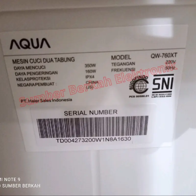 Mesin Cuci 2 Tabung Aqua qw 760 xt 7kg 350 watt hijab series 4