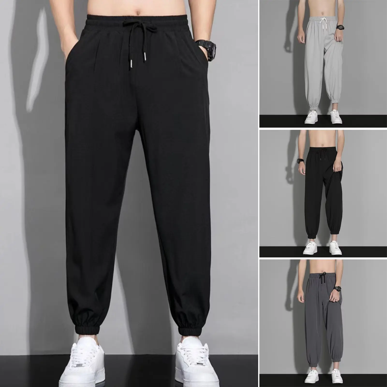 [Diannao]Men Pants Ice Silk Straight Thin Side Pockets Drawstring Elastic Waist Plus Size Loose Quick-drying Solid Color Quick Dry Gym Traning Jogging Sweatpants Long Trousers