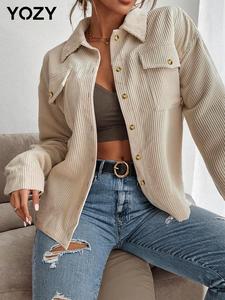 YOZY Button Front Drop Shoulder Corduroy Jacket / Casual Long Sleeve Collared Pocket Outerwear, 2024 Women's Daily Wear for All Seasons