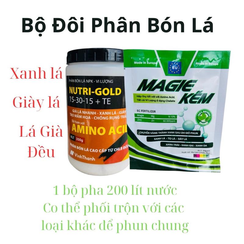 Bộ đôi phân bón lá Nutrigold 15-30-15 Te + Magie Kẽm. Giúp Xanh Lá Giày Lá Lá Già Đều. Nutrigold Nhập Khẩu Từ Đức Magie Kẽm nhập Khẩu Ba Lan. Bộ đôi cộng chung pha 200 Lít nước.