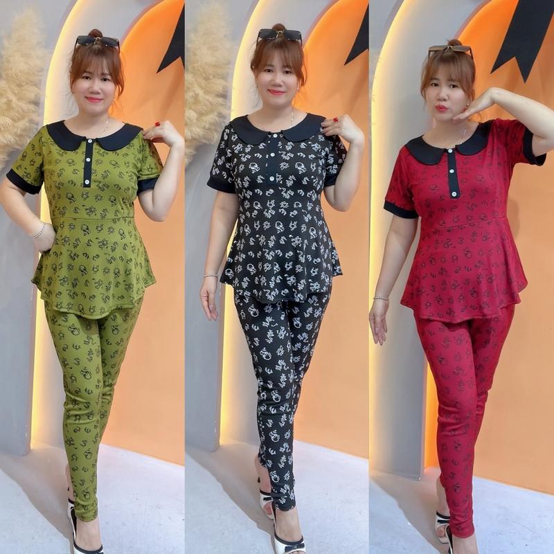 BigSiZe Nữ 60-95kg—Sét Bộ Thiết Kế Quần Dài Áo Giả Trụ Cổ Sen Tay Ngắn Có Đính Nút Xinh Lắm Luôn,Chất liệu Thun Tăm Thái Xịn Xò Giặt Ko Phai Màu Ko Xù Lông Top Đen Women
