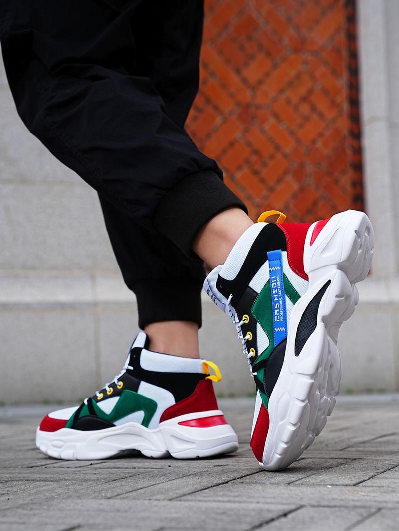 Product Introduction of Men's Trendy Colorblock Letter Patchwork Lace up High Top Sneakers, Casual Versatile Comfortable Chunky Shoes for Outdoor Sports 16