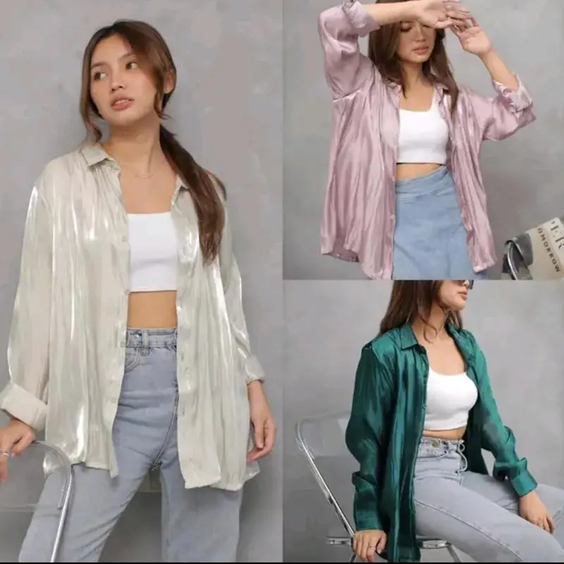 SHIMMER SHIRT /SHIMMER TOP premium Korean Model terbaru vintage colorfull tebal silky  oversize  atasan  wanita  baju  panjang Kancing Cantik Crop Remaja kemeja bona 8