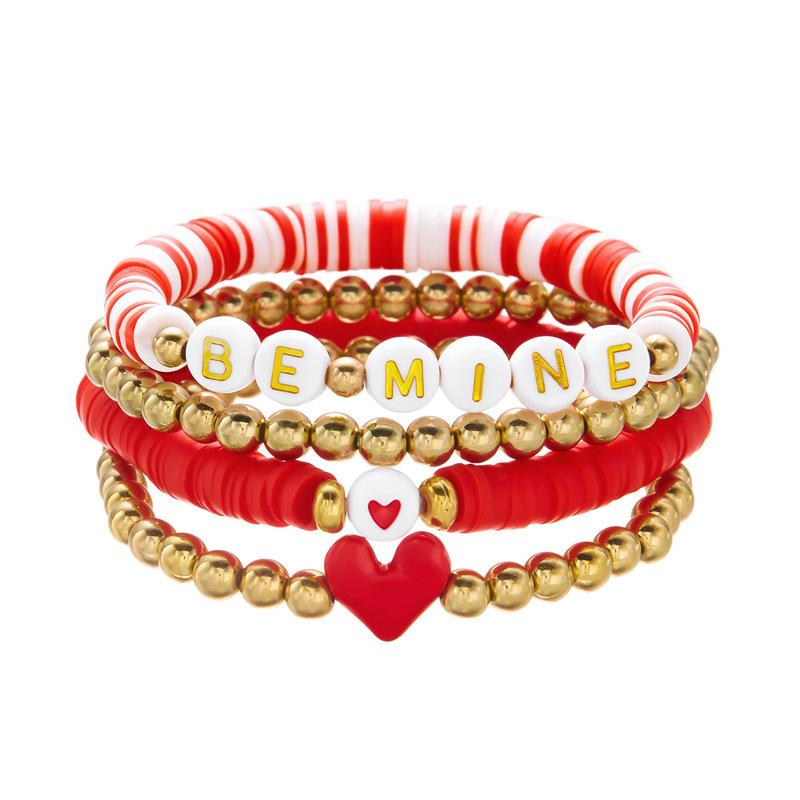 Product Introduction of Europe and America Cross Border Valentine's Day Bracelet Multi-Layer Twin Pink Love Pendant Bracelet Polymer Clay Beaded Stretch Bracelet 10