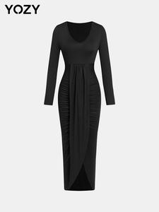 YOZY Women's Plain Ruched Wrap V Neck Bodycon Dress, Elegant Long Sleeve Dress for Party Holiday Wedding Guest, Ladies Clothes for All Seasons