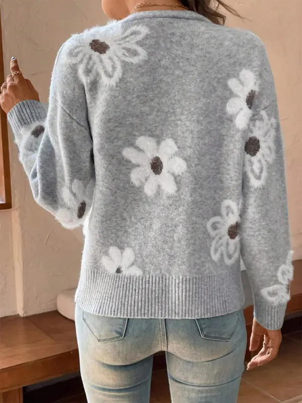 【Plus Size】 Floral Pattern Button Front Longsleeves Cardigan, Elegant Chic Casual Drop Shoulder V Neck Knitwear for Fall & Winter, Women's Plus Clothing for Daily Wear, Knitting Ladies Winter Coat, Womenswear 7