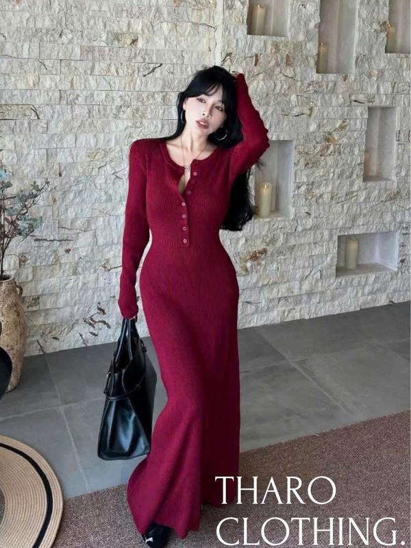 Đầm Len Gân Cổ Trụ, Tay Dài Đính Cúc - Tharo Clothing [DAM00057] 1