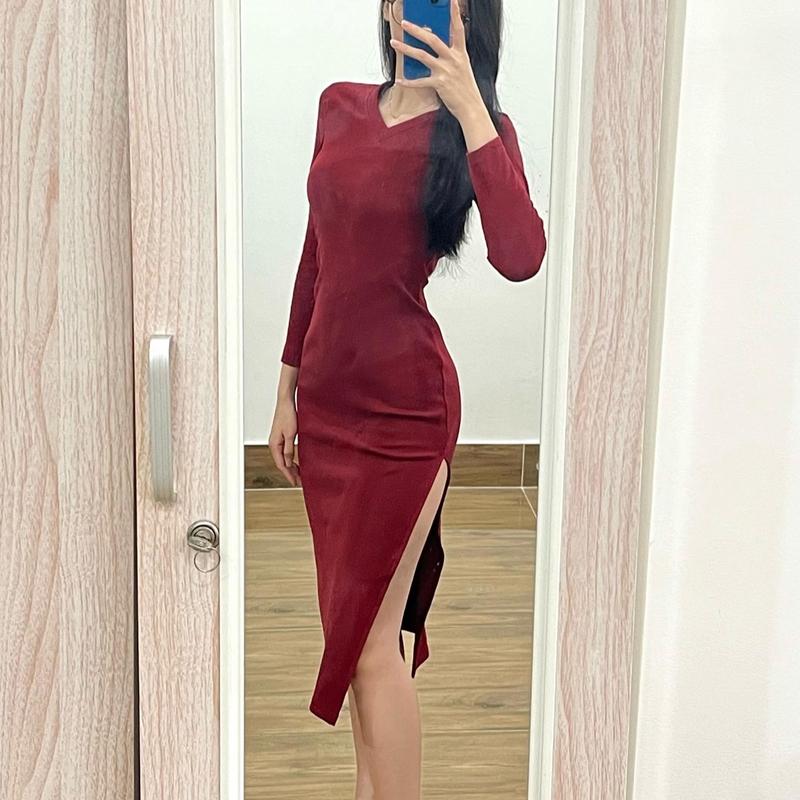 Đầm đỏ đi chơi, thun tăm dài, co dãn, cân nặng: 50-70kg eo dưới 8