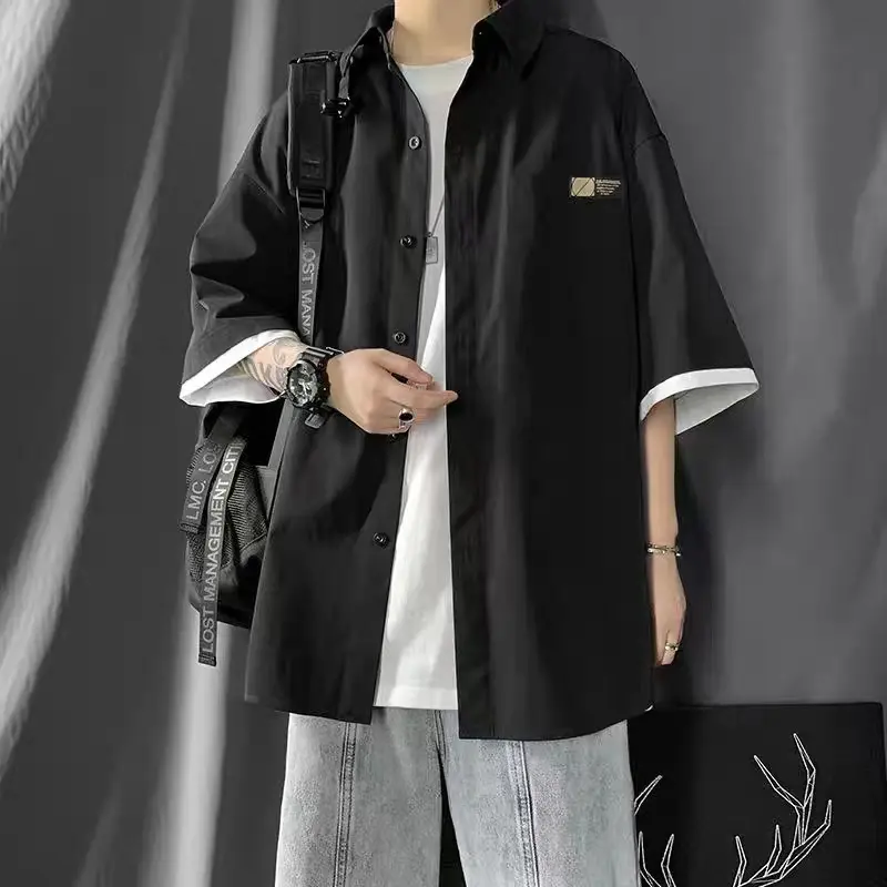 Kemeja pria lengan pendek korean style oversize kemeja hitam cowok kasual kemeja batik longgar kemeja panel pria kaos couple pasangan kemeja polos korea Premium Impor kemeja2023 Remaja 5