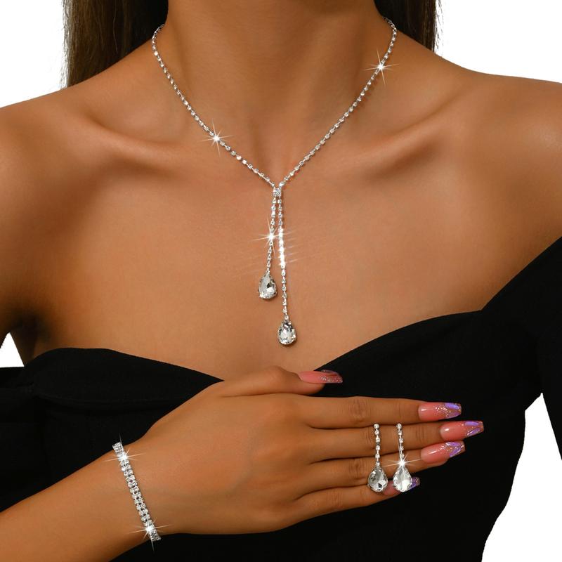 2pcs/set Water Drop Zircon Jewelry Sets Shiny Wedding Claw Chain Evening Necklace Earring Set For Women Girl 0