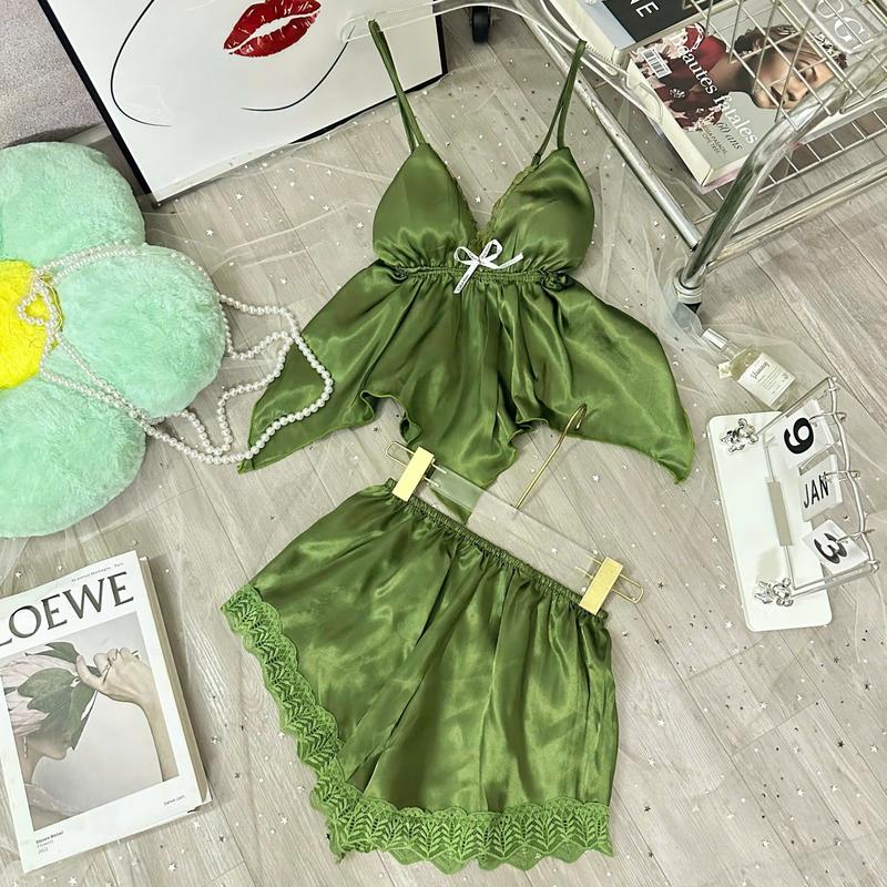 Product Introduction of Bộ ngủ 2 dây lụa phi có quai điều chỉnh phối ren gợi cảm, set đồ ngủ hai dây đuôi cá kèm mút mặc nhà quyến rũ Women Nữ Kem 7