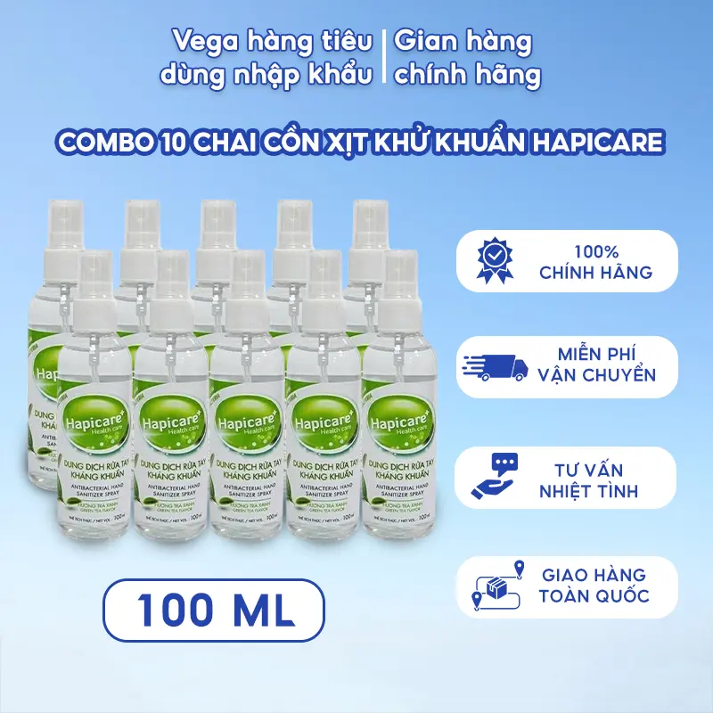 Combo 10 Chai Cồn xịt khử khuẩn HapiCare 100ml - Sản phẩm chính hãng gel  khử trùng tay Rửa Tay bình  xịt