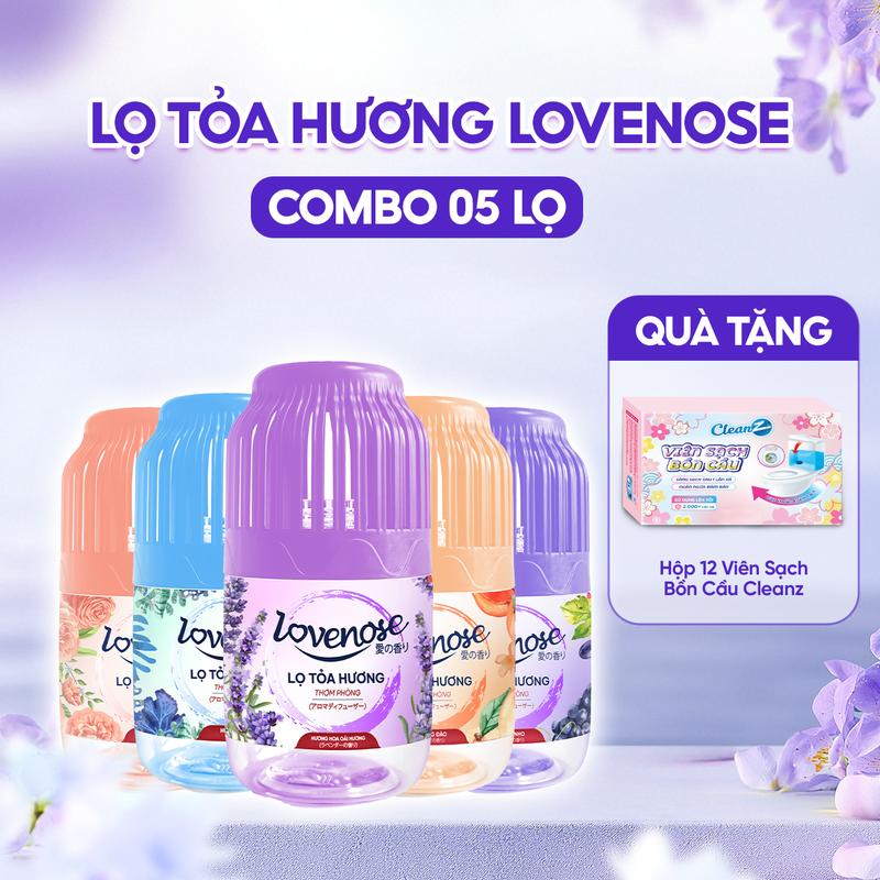 [ĐA KHO] Combo 5 Mùi Đào + Lavender + Nho + Hoa hồng + Biển; Lọ Tỏa Hương Lovenose Tặng 12 viên sạch bồn cầu CleanZ