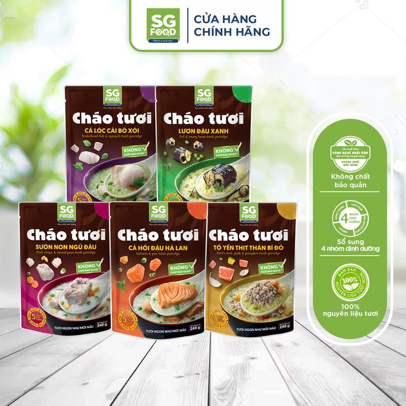 Combo 5 gói cháo tươi SG Food mix vị (Tổ Yến Thịt Thăn, Sườn Non, Lươn, Cá Lóc, Cá Hồi)