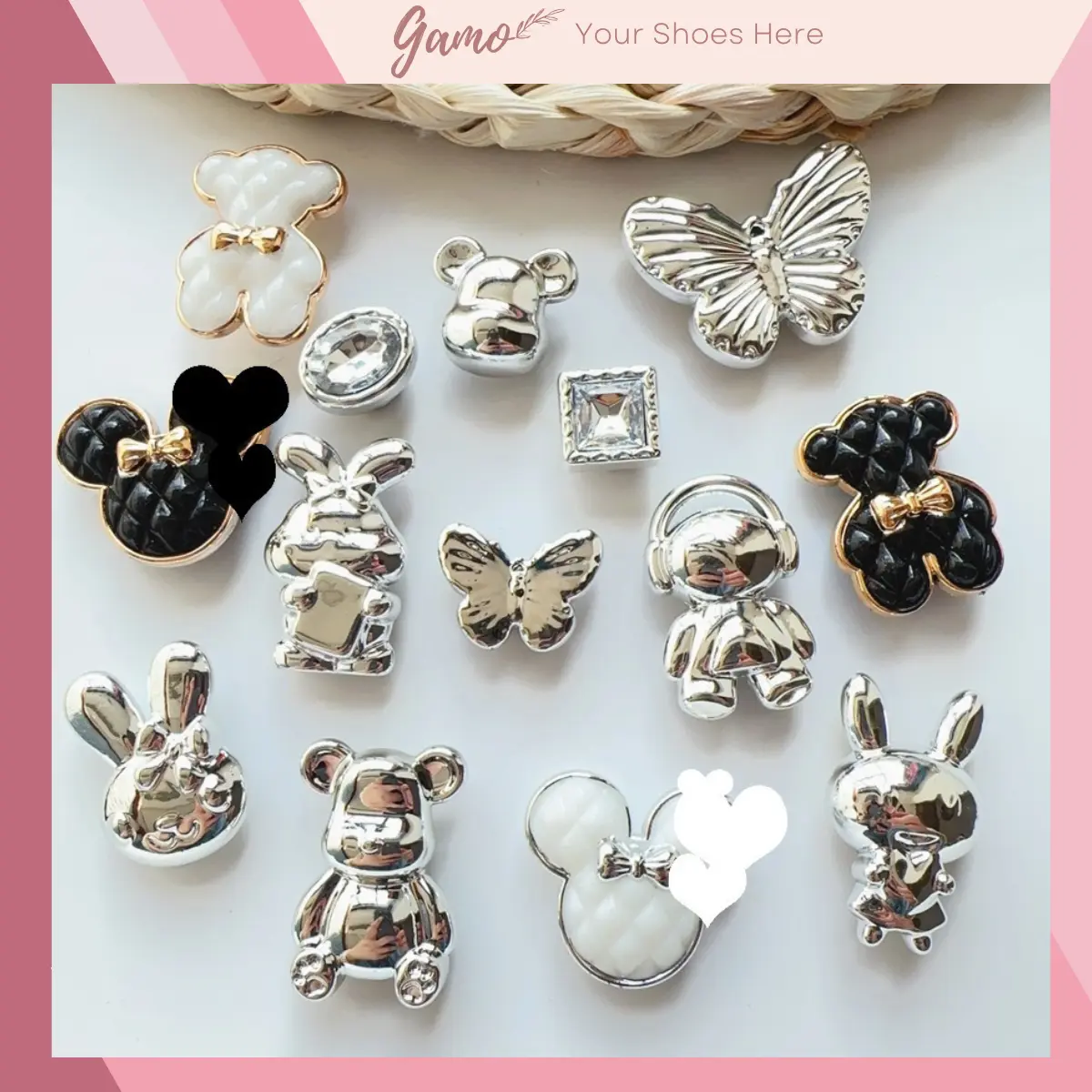 Sticker, Charm 3D chủ đề Bling trắng đen bạc 2025 DIY Gamo gắn Dép, Dép Sục, Cá Sấu JB-110