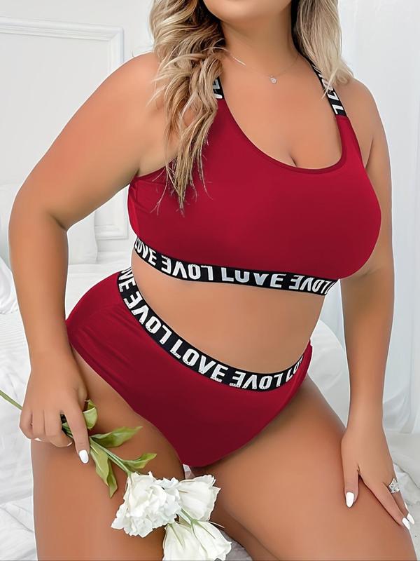 【 Plus Size】 Two-piece Set Letter Tape Criss Cross Cut Out Bra & Knicker, Casual Comfy Breathable Fashion Underwear Set for Daily Wear, Women's Underwear for All Seasons, Clothing 9