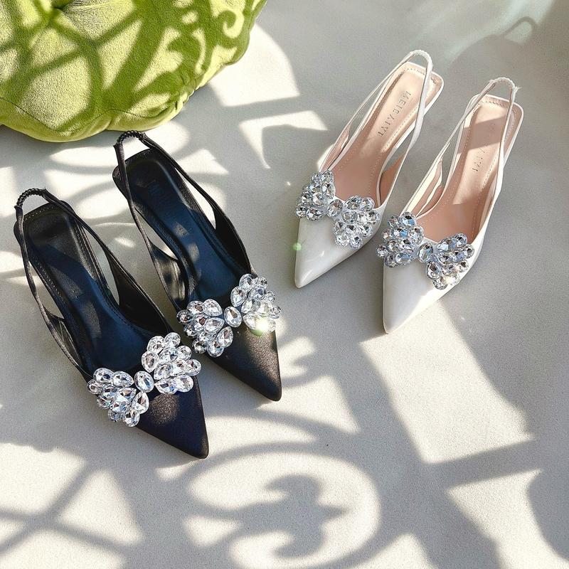 ( GIÁ SALE Ạ)Sục Lụa Hậu Min Mũi Nhọn Cho Nữ, Nơ Đá To Cánh Bướm Xinh , Gót Cao 5CM, Đế Chống Trơn Trượt DéP GiàY