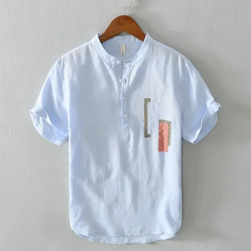 Kemeja Linen Kapas Kasual Lelaki, Gaya Cina Musim Panas, Lengan Pendek, Baju Belia Selesa, Baju Kasual L567, Tidak Bertanda