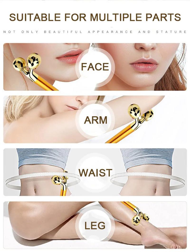 Product Introduction of 24K Gold Energy Beauty Bar 3D Facial Vibration Massager Face Anti Aging Skin Tighten Roller Reduce Wrinkle Lifting Skin Stick 18