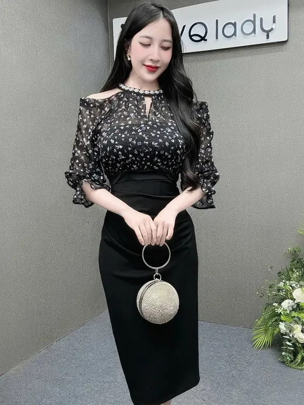 Đầm Váy Thiết Kế VQ Lady D20X Hoạ Tiết   Sang Chảnh Đi Chơi Và Đi Dự Tiệc Dress Women Voan Voi Nhung Sen Hoa Sen đáng yêu 2