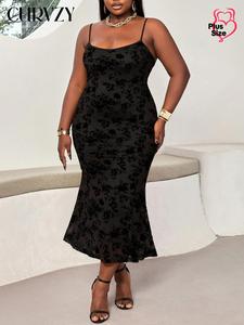 CURVZY Plus Size Floral Print Mesh Cami Dress, Elegant Sleeveless Spaghetti Strap Dress for Party Dating Wear, Women Clothing for All Seasons