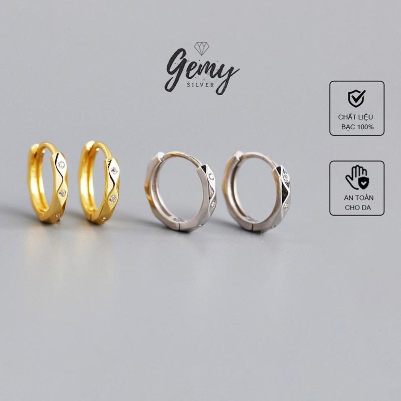 Khuyên tai tròn nam bạc 925 đính đá nhỏ màu bạc mạ vàng (1 chiếc) | GEMY SILVER KN19